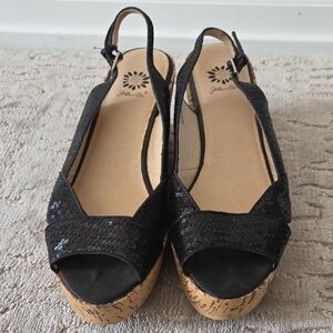 NWOT Sequence Black Cork Wedge Sandals